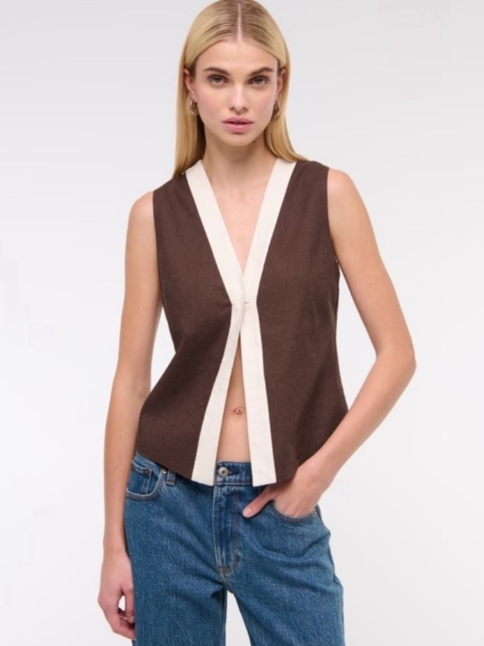 Abercrombie & Fitch Linen Brown Top with White Trim Size US L New With Tags